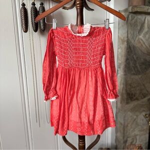 1970’s Cottagecore Smocked Floral Red Dress with Lace Detail